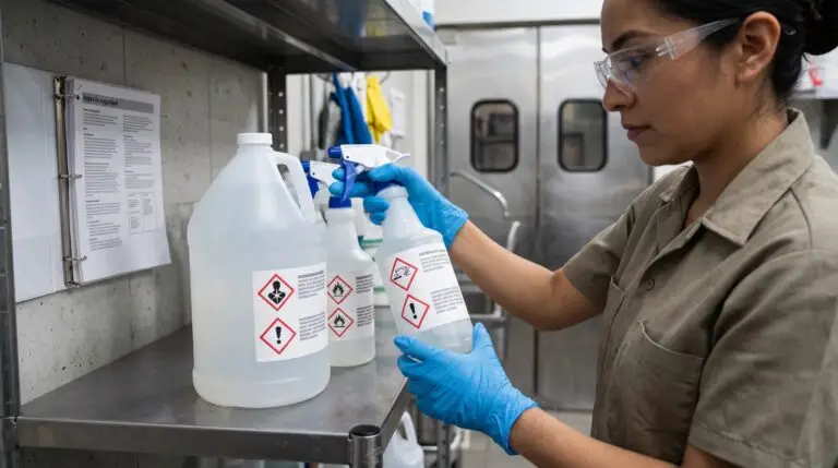 Trabajadora con guantes revisando la etiqueta de seguridad de un garrafón de químico