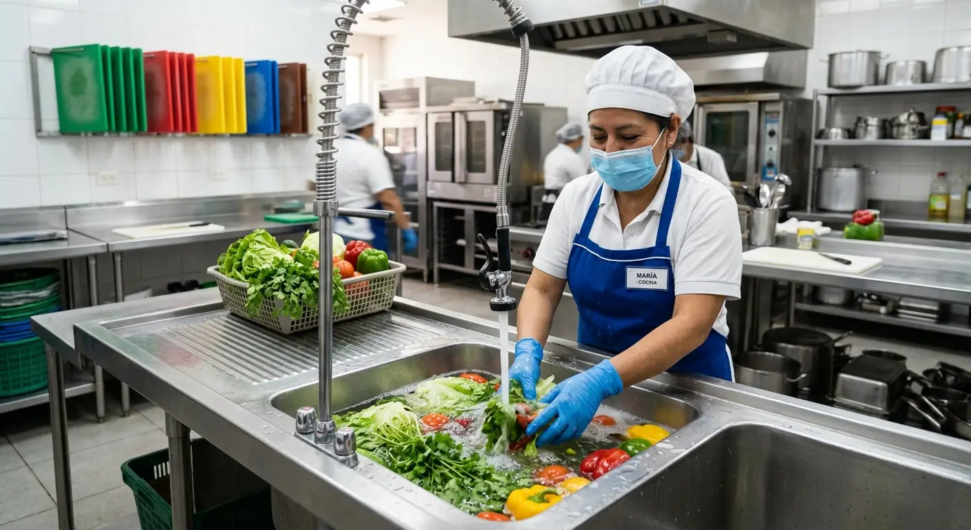 Cocinera desinfectando verduras en una cocina industrial
