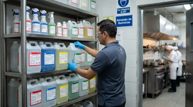 Técnico organizando productos químicos de limpieza en el almacén de un hotel