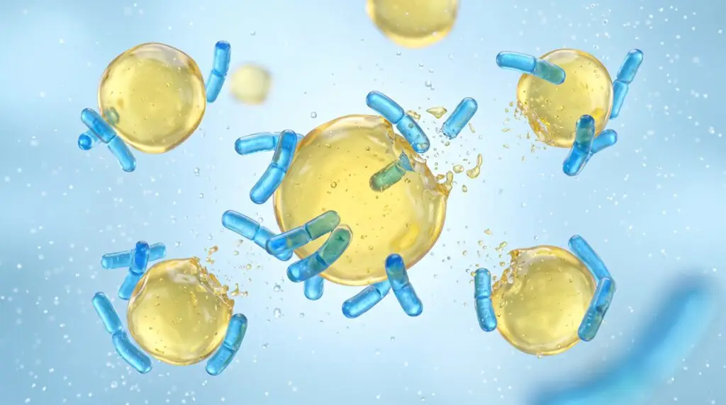 Ilustración de bacterias degradando gotas de grasa