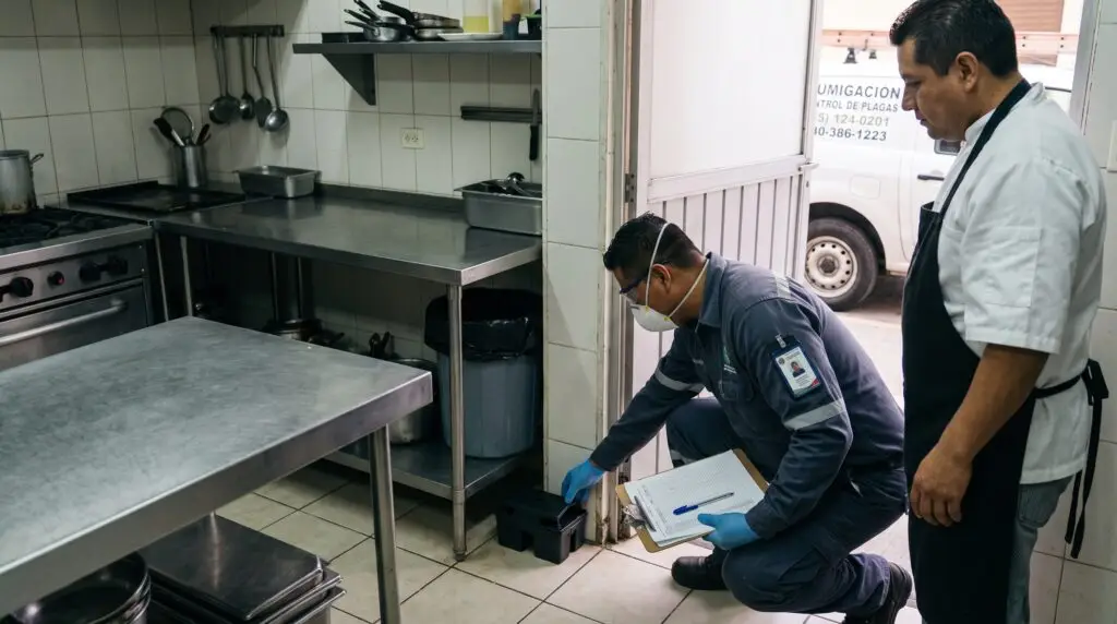 Técnico de control de plagas mostrando su reporte al encargado de una cocina