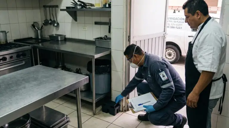 Técnico de control de plagas mostrando su reporte al encargado de una cocina