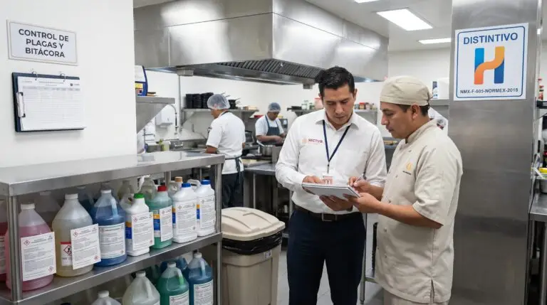 Inspector revisando con el chef las condiciones de higiene de una cocina