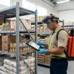 Técnico de control de plagas inspeccionando el almacén de un hotel