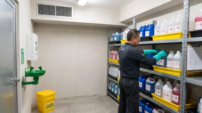 Técnico acomodando productos químicos en el almacén de un hotel