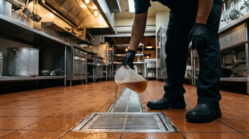 Trabajador vertiendo líquido en la coladera de una cocina industrial
