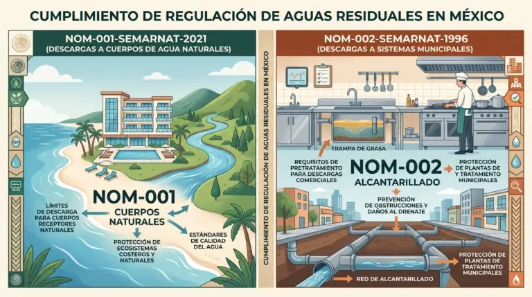Infografía comparativa de las normas NOM-001 y NOM-002 de descarga de aguas residuales