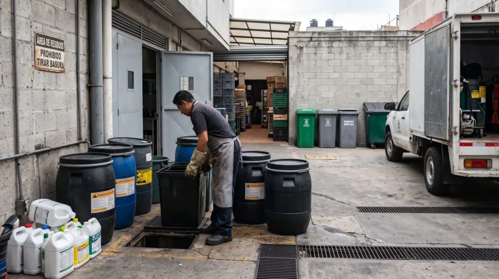 Trabajador separando residuos y tambos de grasa en el patio de servicio de un restaurante