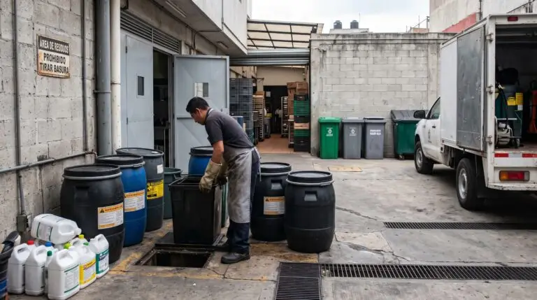 Trabajador separando residuos y tambos de grasa en el patio de servicio de un restaurante