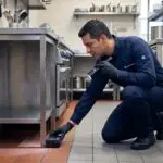 Técnico inspeccionando con linterna la cocina de un restaurante