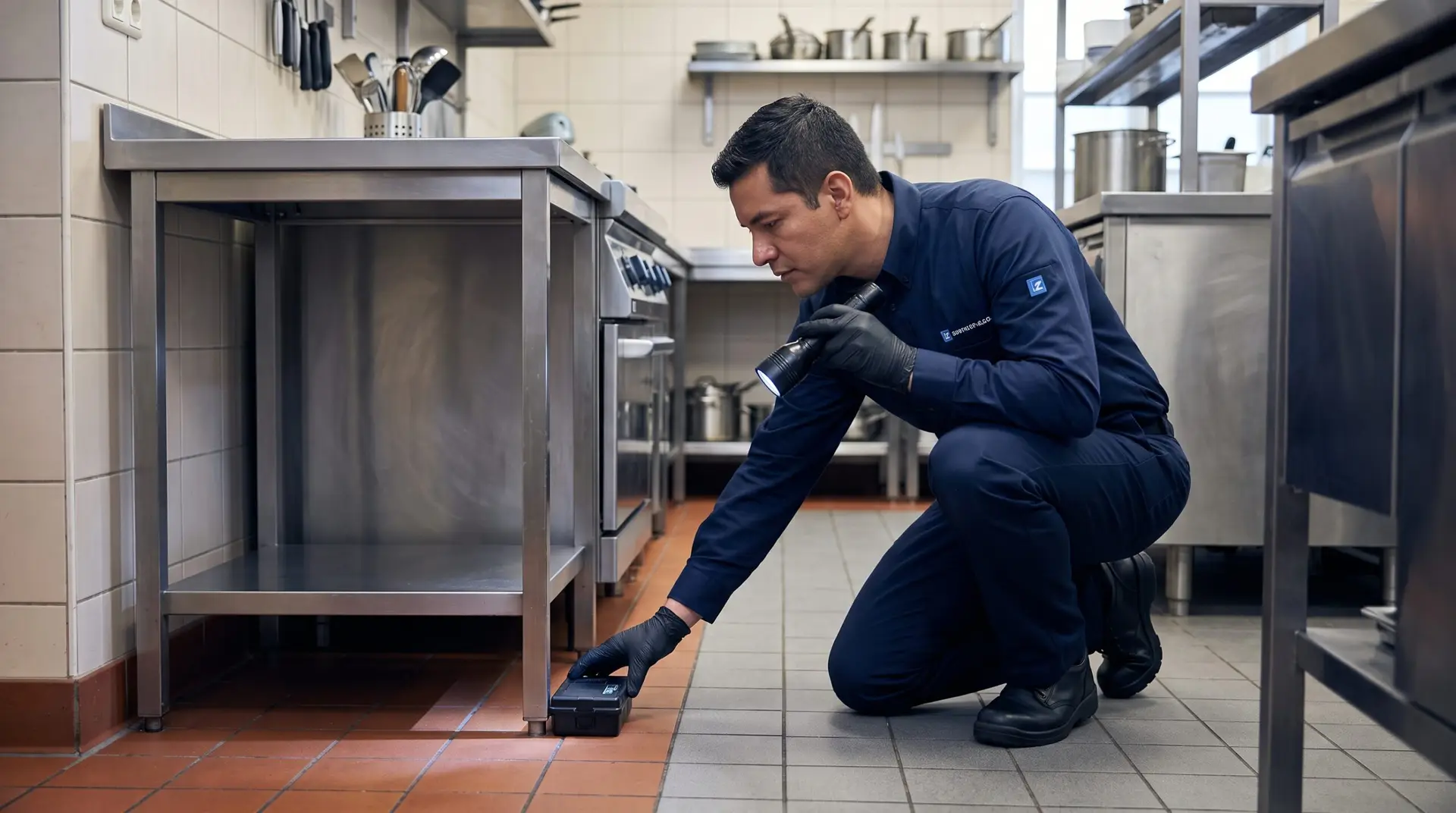 Técnico inspeccionando con linterna la cocina de un restaurante