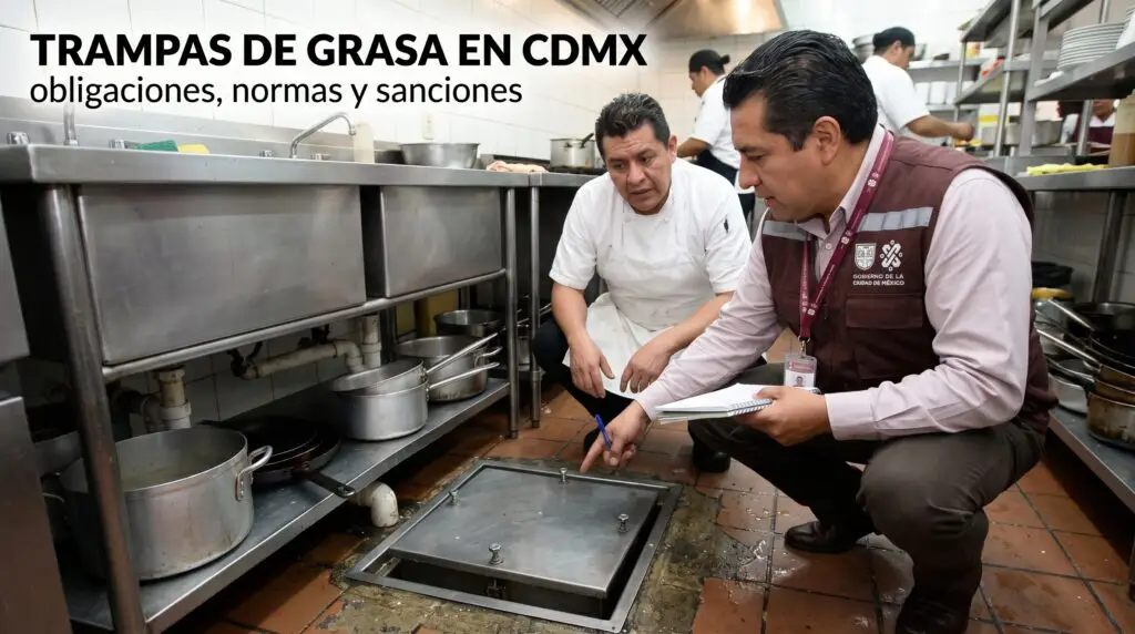 Inspector y técnico revisando una trampa de grasa en una cocina industrial